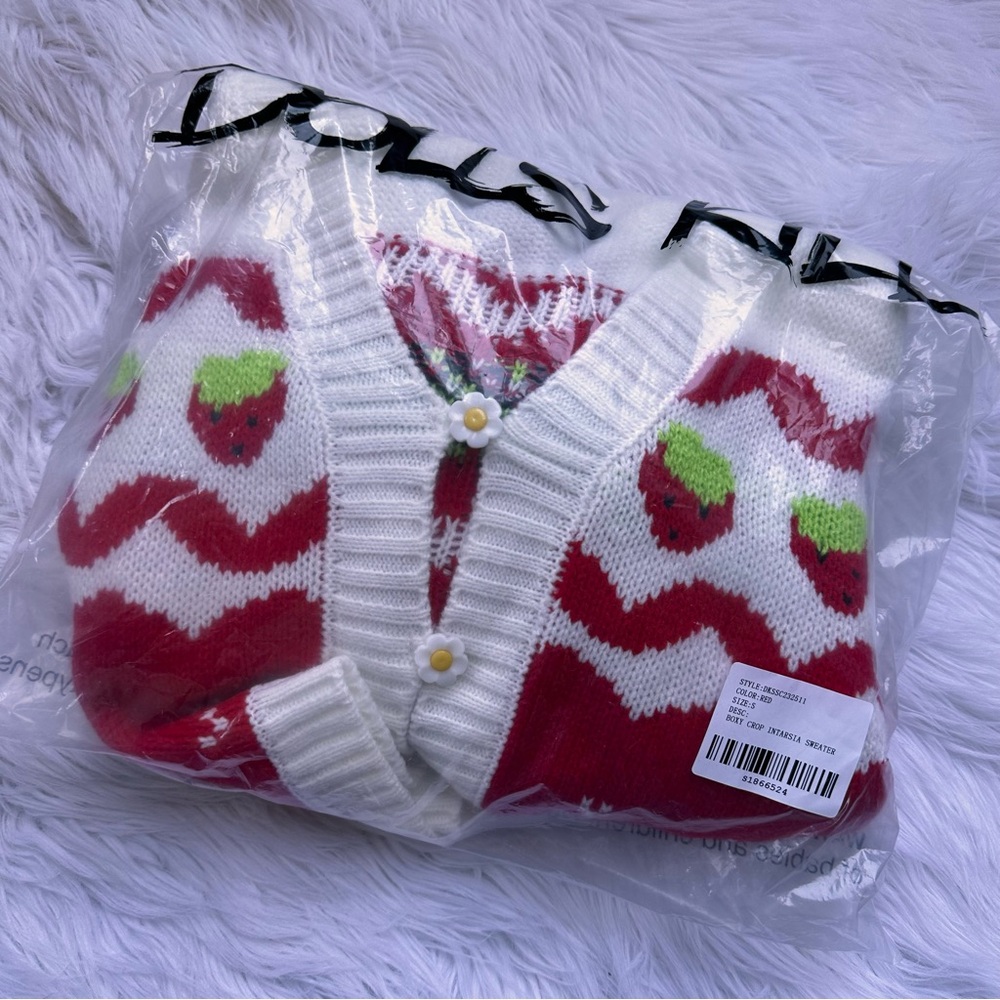 💌[ Dolls Kill ] Strawberry Shortcake Berry Charms Intarsia Cardigan Sweater - Picture 10 of 12